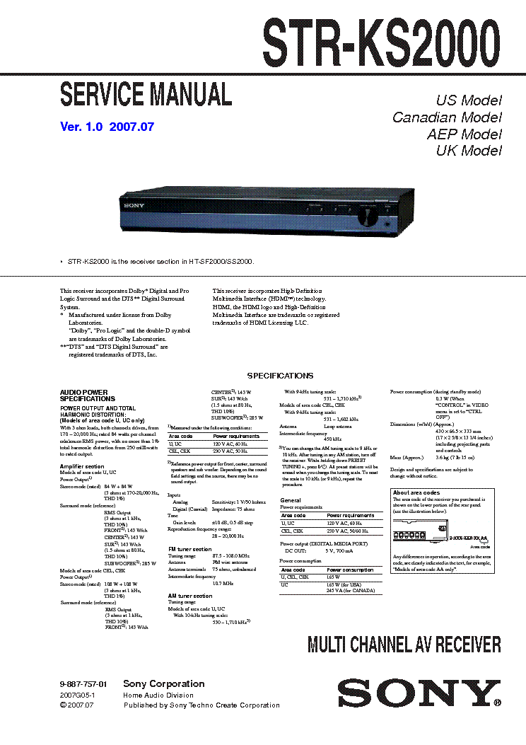 SONY STR-KS2000 VER1.0 AV RECEIVER Service Manual download, schematics