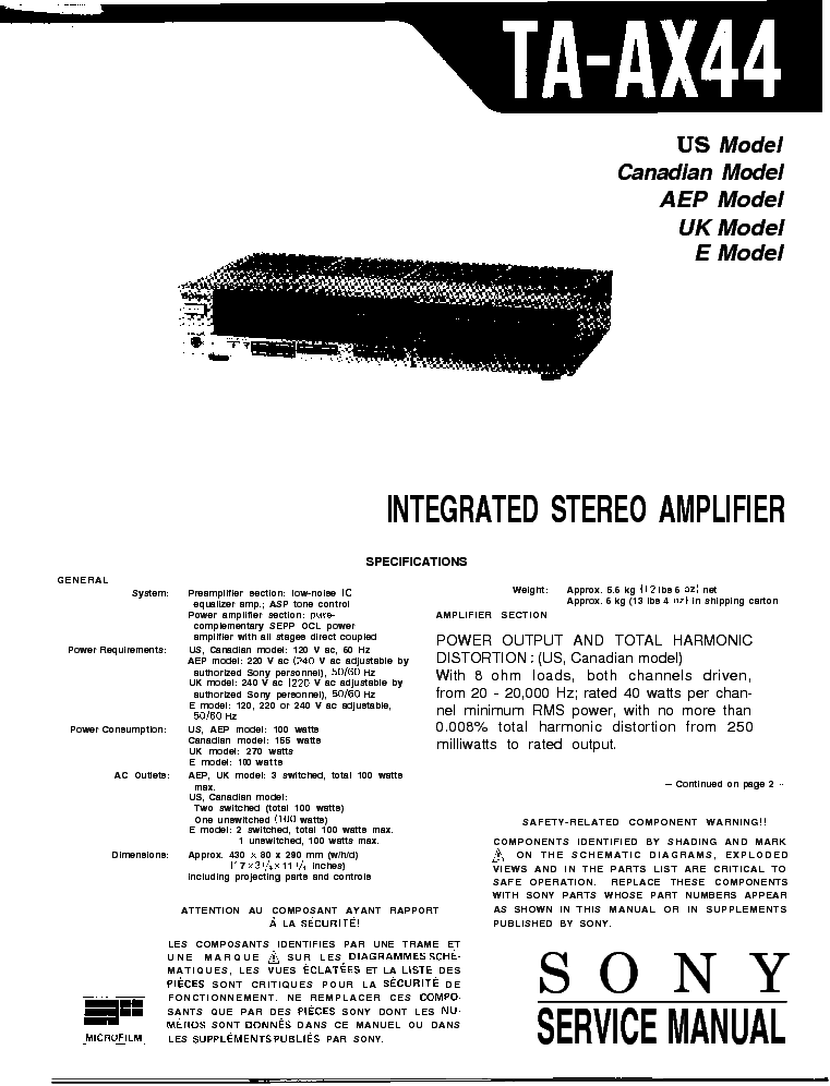 SONY TA-AX44 STEREO AMPLIFIER service manual (1st page)