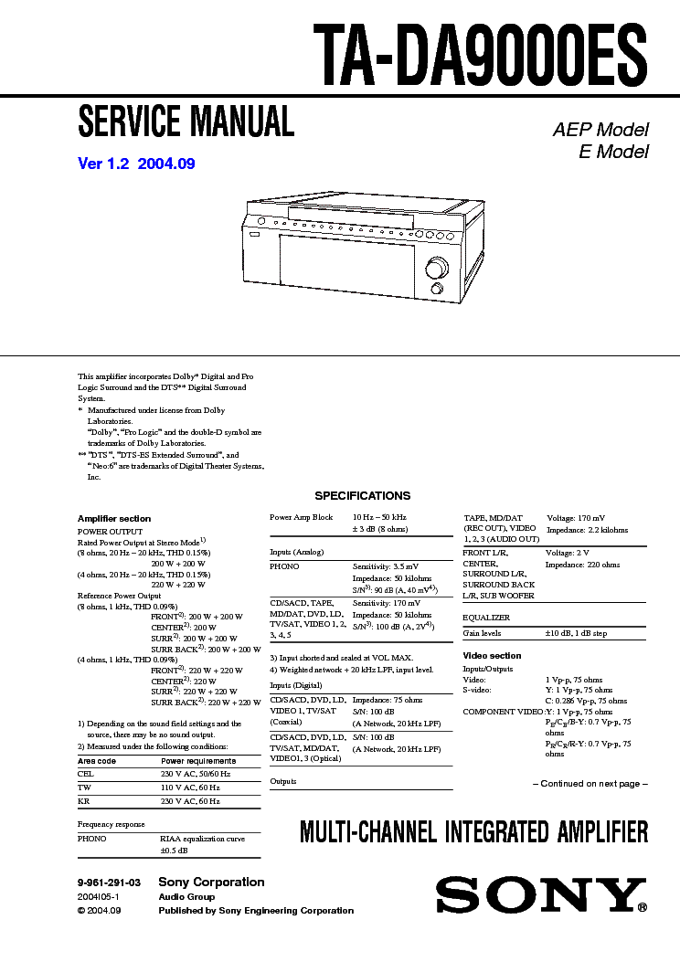SONY TA-DA9000ES VER-1.2 SM 2 Service Manual download, schematics