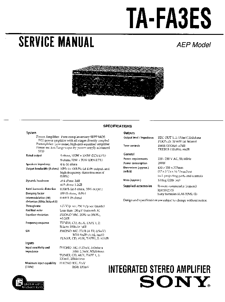 SONY TA-FA3ES Service Manual download, schematics, eeprom, repair