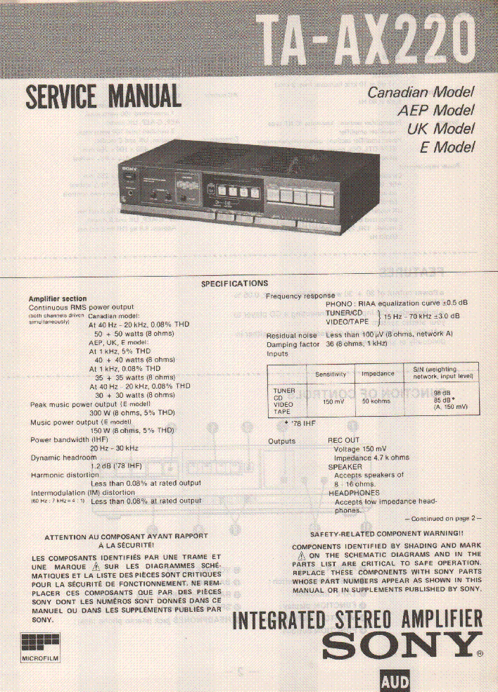 SONY TA-SX220 service manual (1st page)