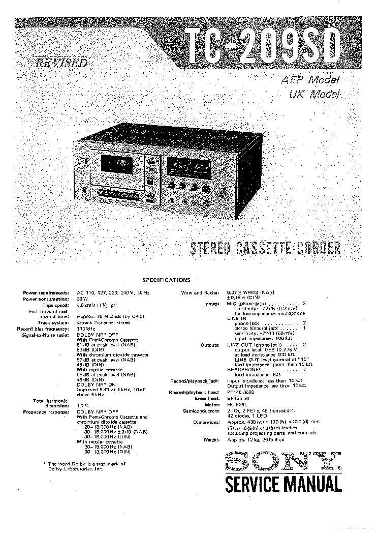 SONY TC-209SD REVISED SM service manual