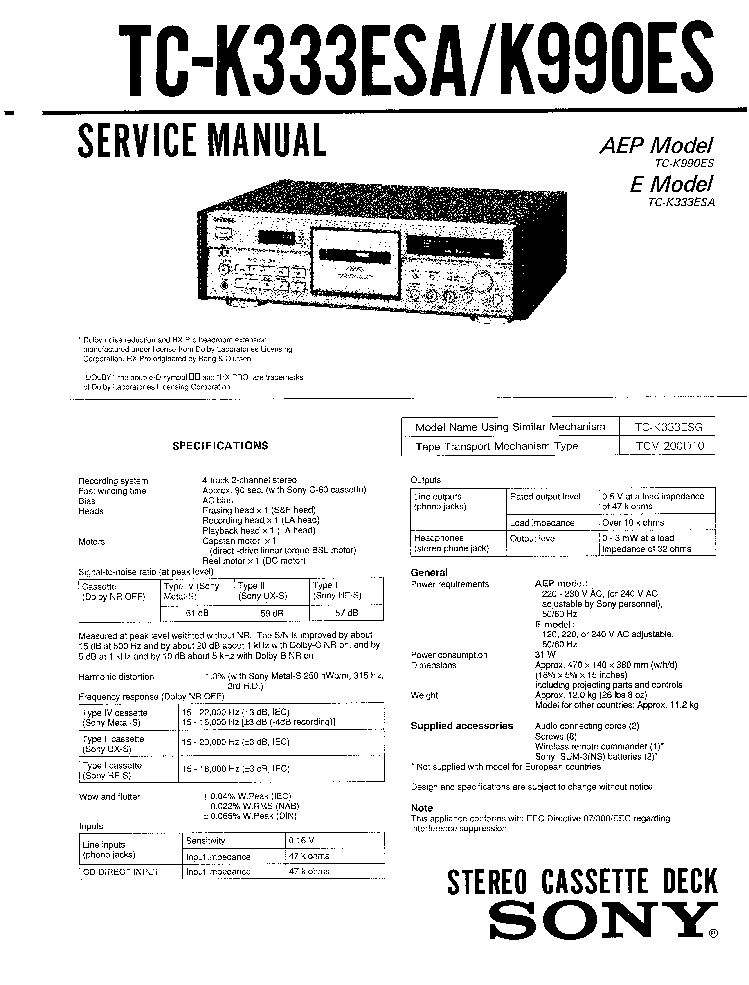 SONY TC-K333ESA TC-K990ES SM service manual (1st page)