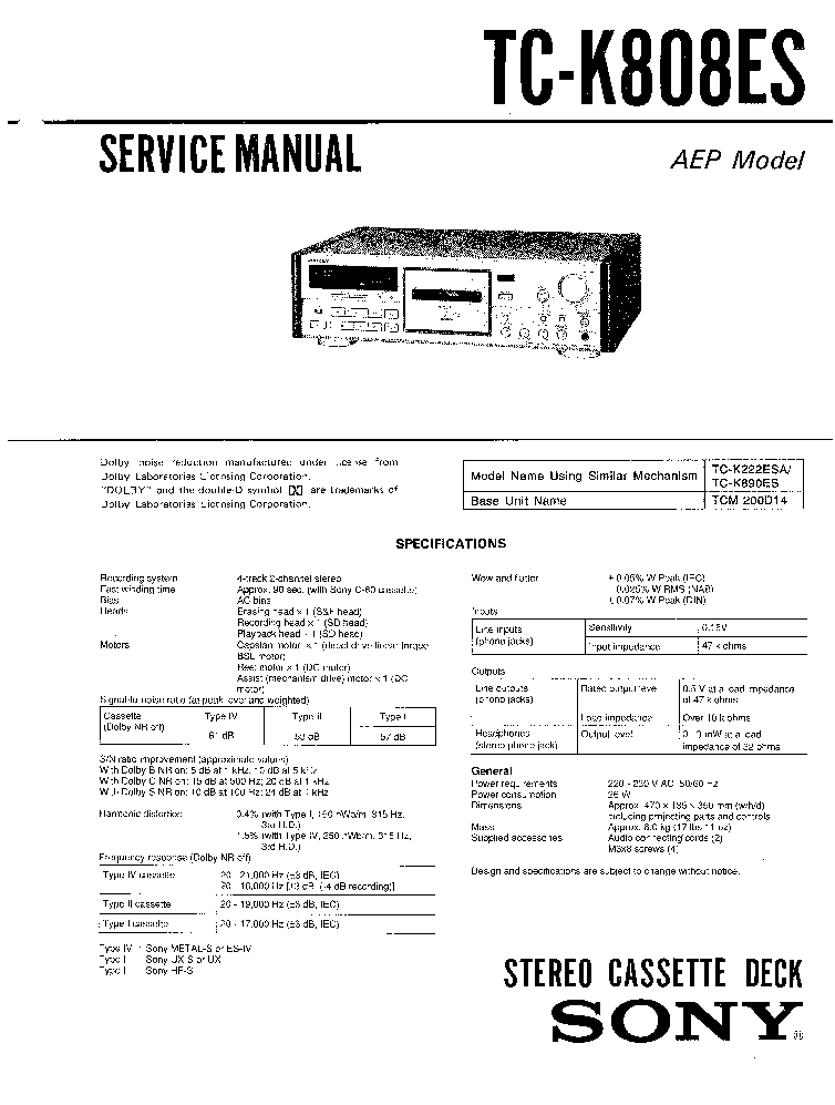 SONY TC-K808ES SM service manual (1st page)