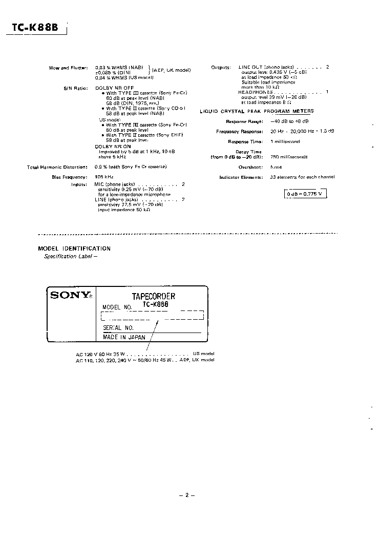 SONY TC-K88B service manual (2nd page)