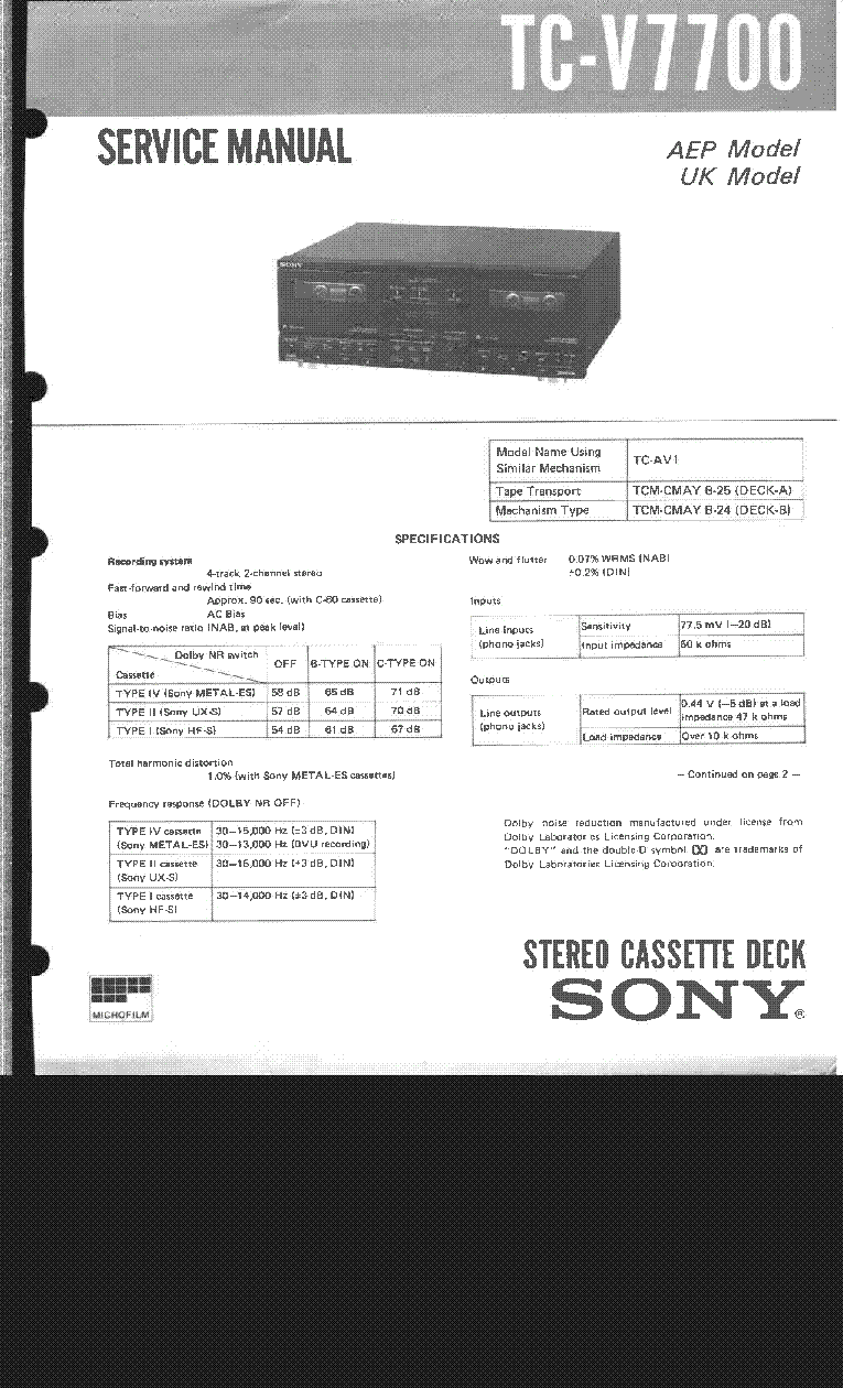 SONY TC-V7700 service manual (1st page)