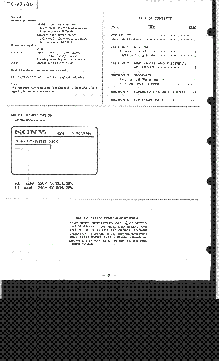 SONY TC-V7700 service manual (2nd page)