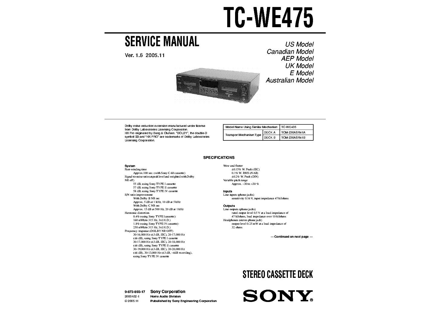 SONY TC-WE475 VER.1.6 service manual (1st page)