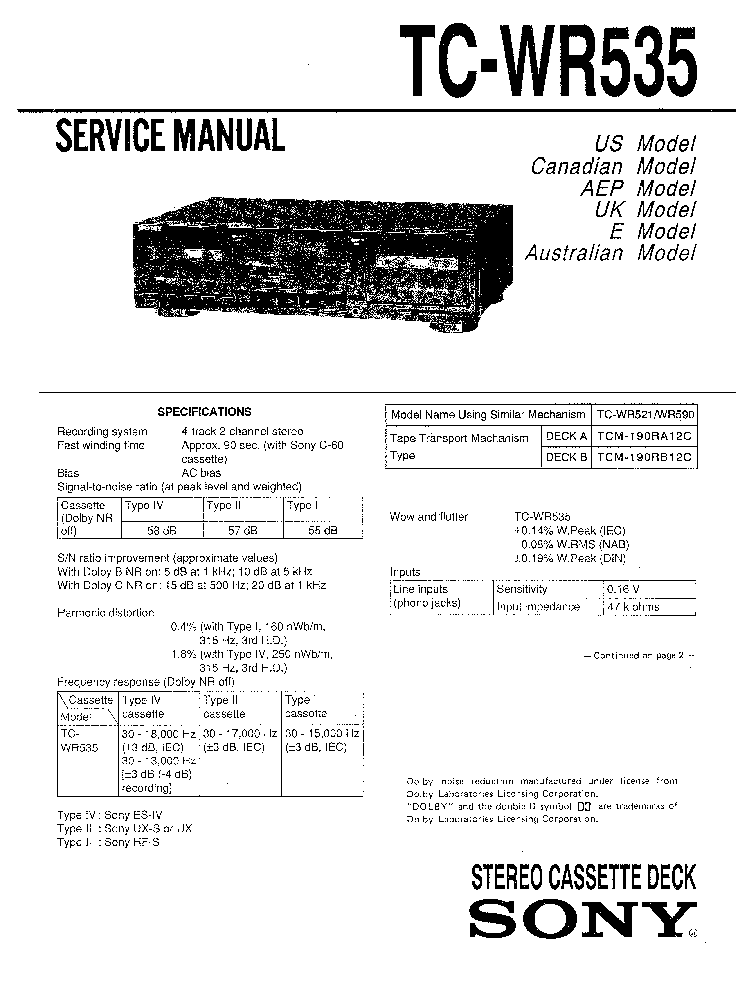 SONY TC-WR535 service manual