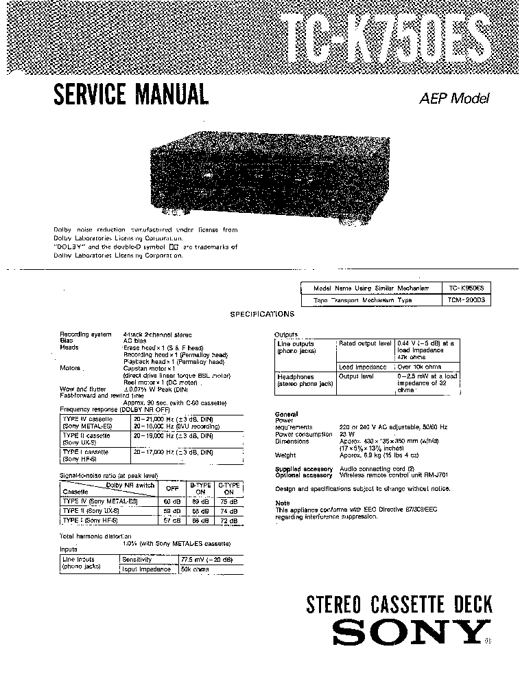 SONY TCK750ES SM service manual (1st page)