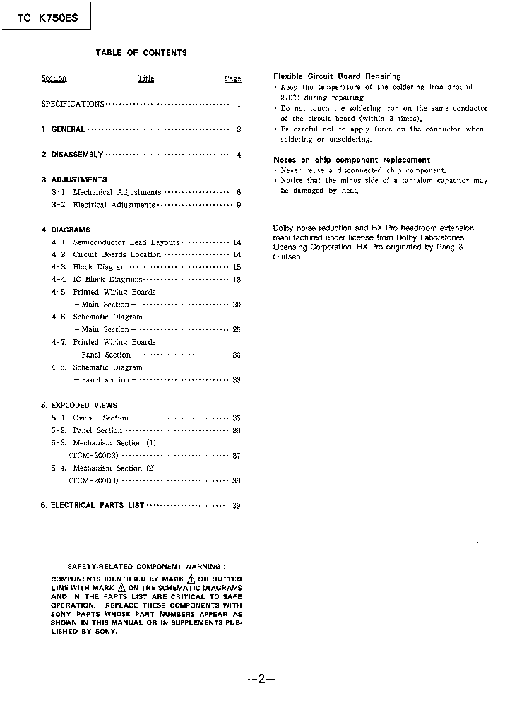 SONY TCK750ES SM service manual (2nd page)