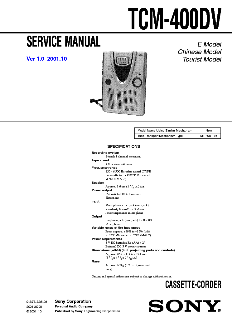 SONY TCM-400DV service manual (1st page)