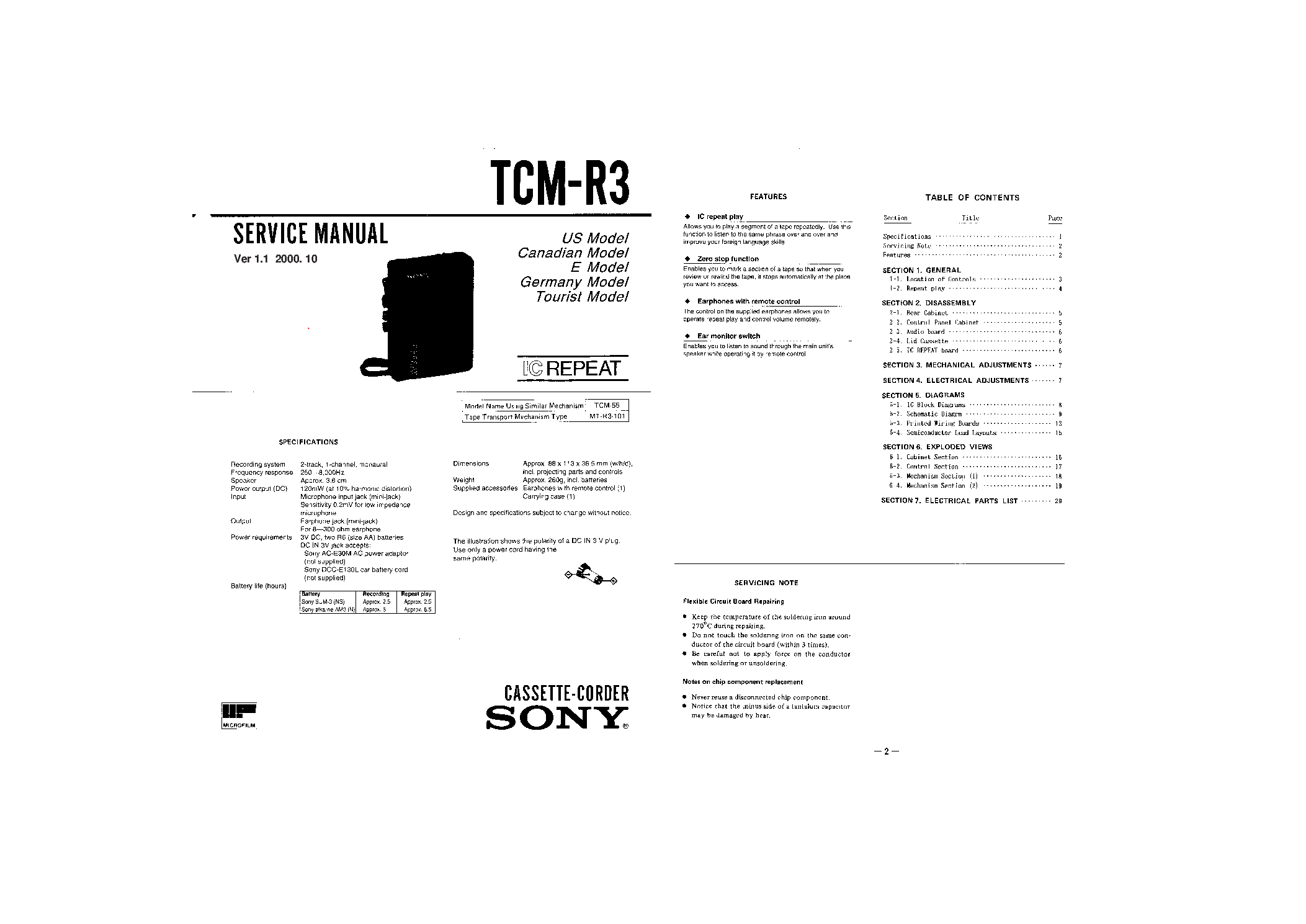 SONY TCM-R3 VER-1.1 service manual