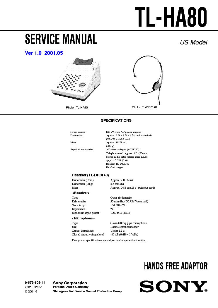 SONY TL-HA80 service manual (1st page)