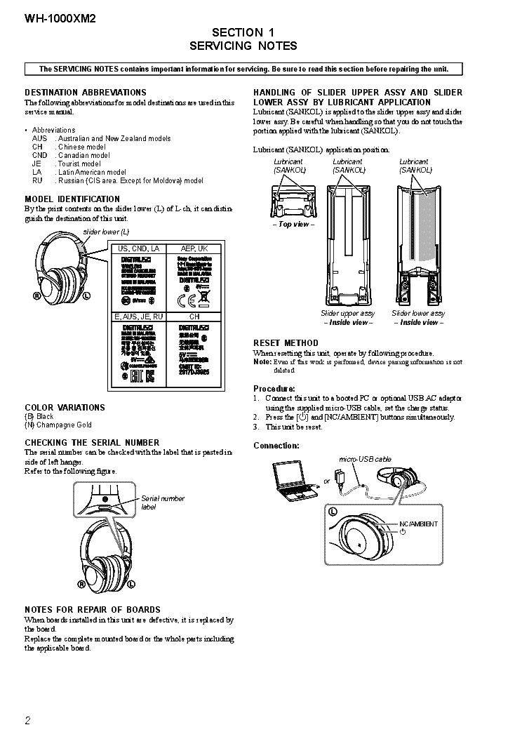 SONY WH 1000XM2 VER.1.0 SM Service Manual download schematics eeprom repair info for electronics experts