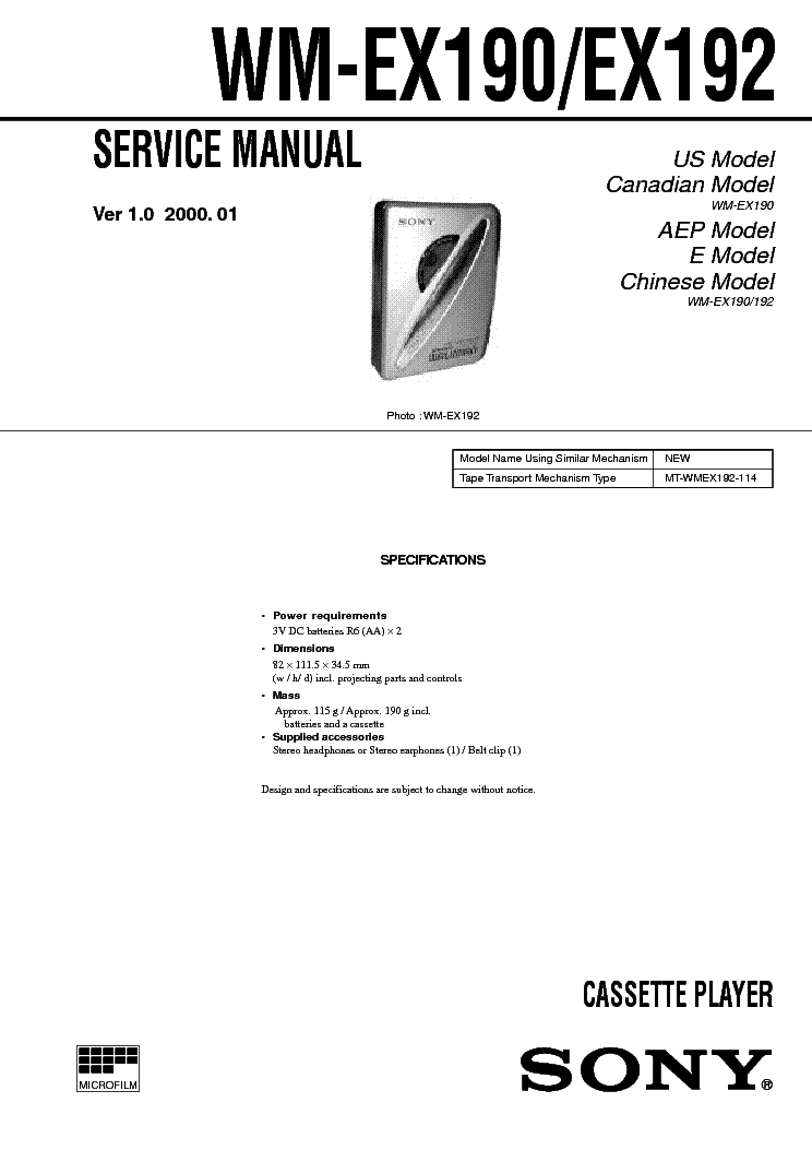 SONY WM-EX190 EX192 VER1.0 service manual (1st page)
