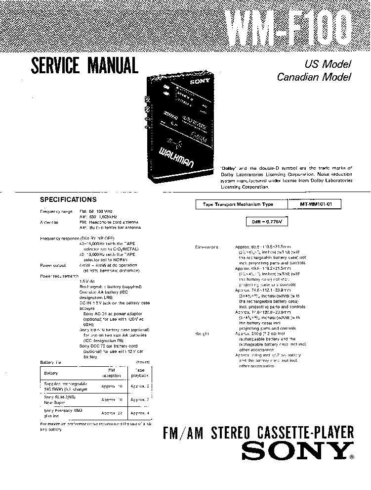 SONY WM-F100 SERVICE US CAN EN service manual