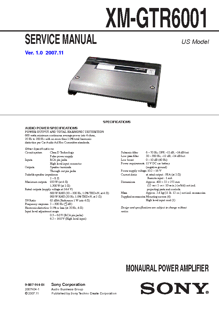 SONY XM-GTR6001 service manual (1st page)