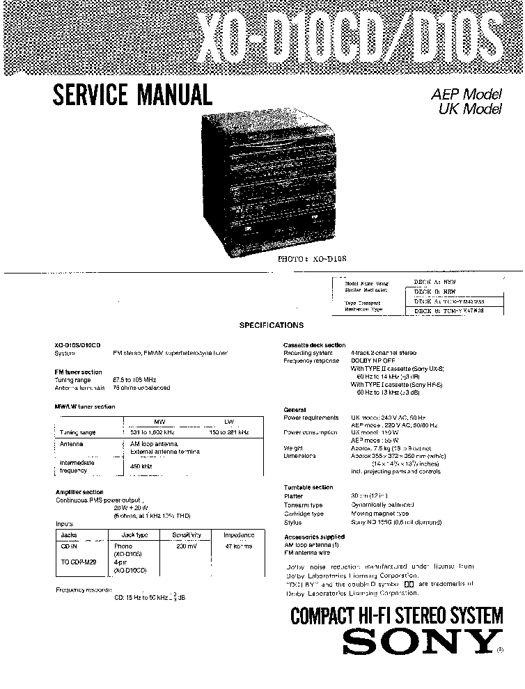 SONY XO-D10CD D10S service manual (1st page)