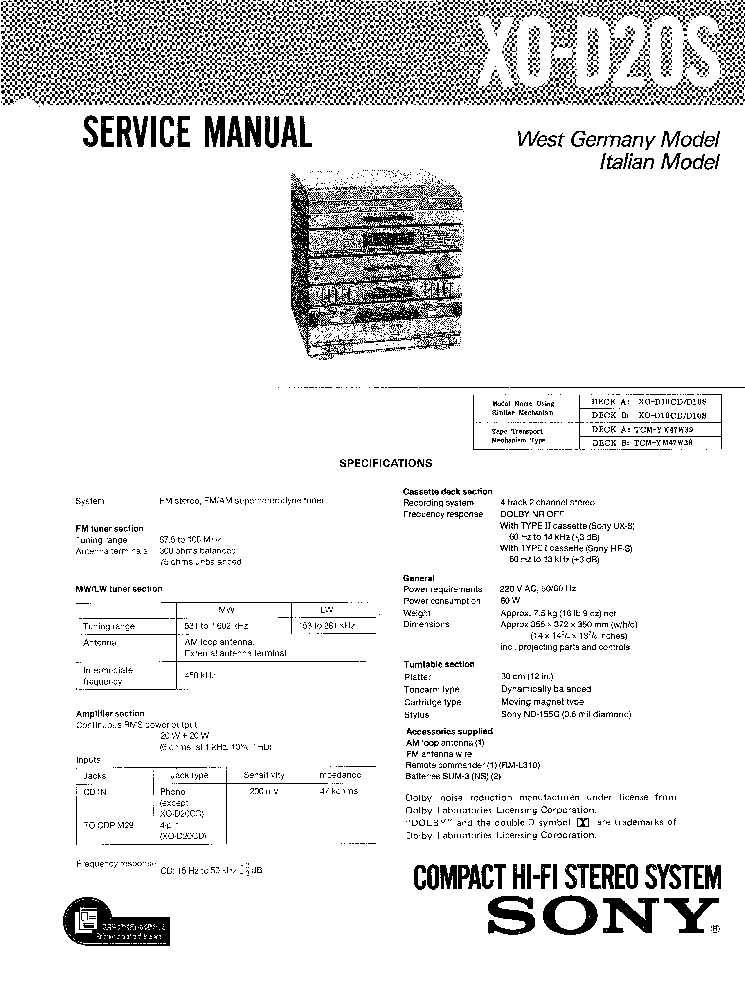 SONY XO-D20S service manual (1st page)