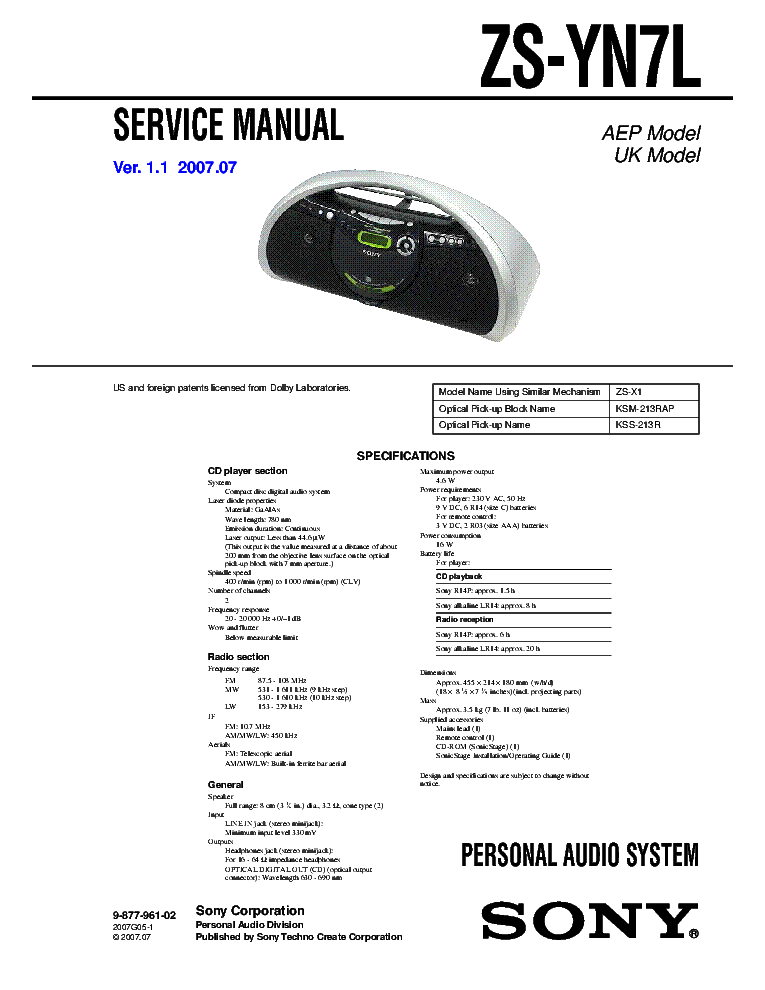 SONY ZS-YN7L VER.1.1 service manual (1st page)