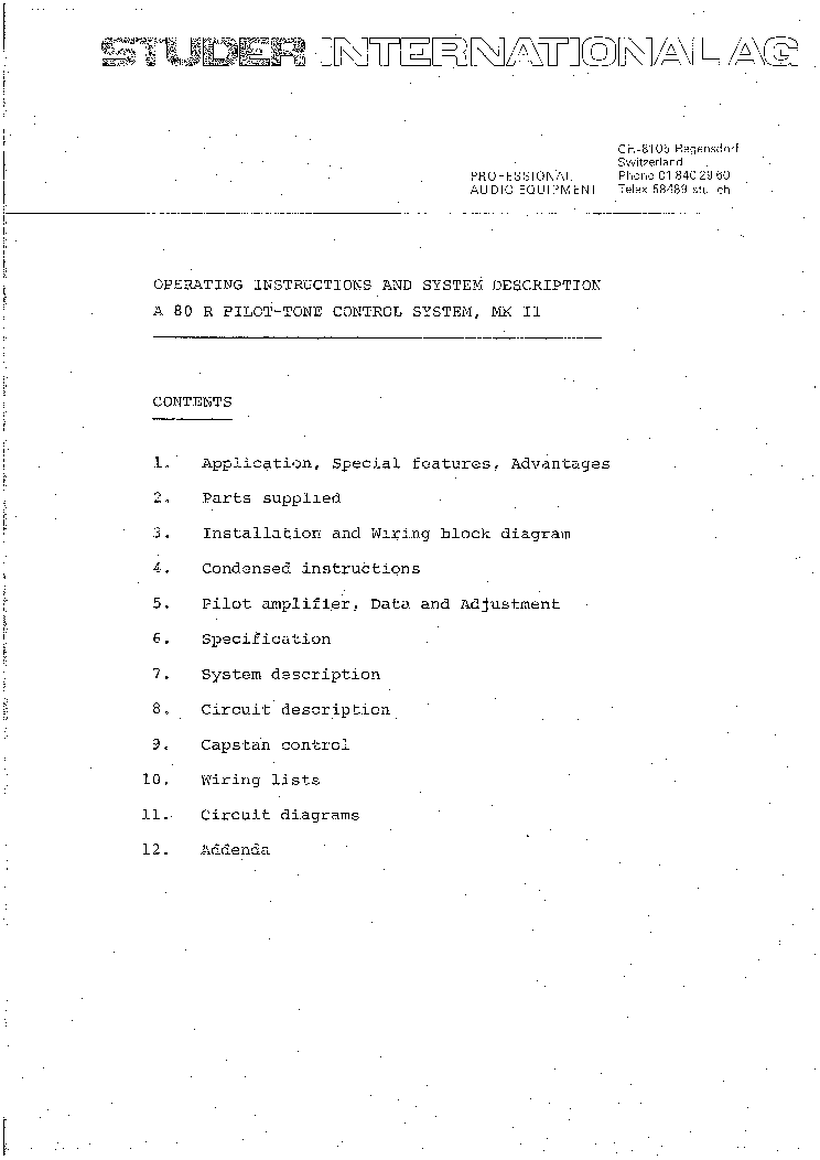 STUDER A80R PILOT CTRL MKII SM Service Manual download, schematics
