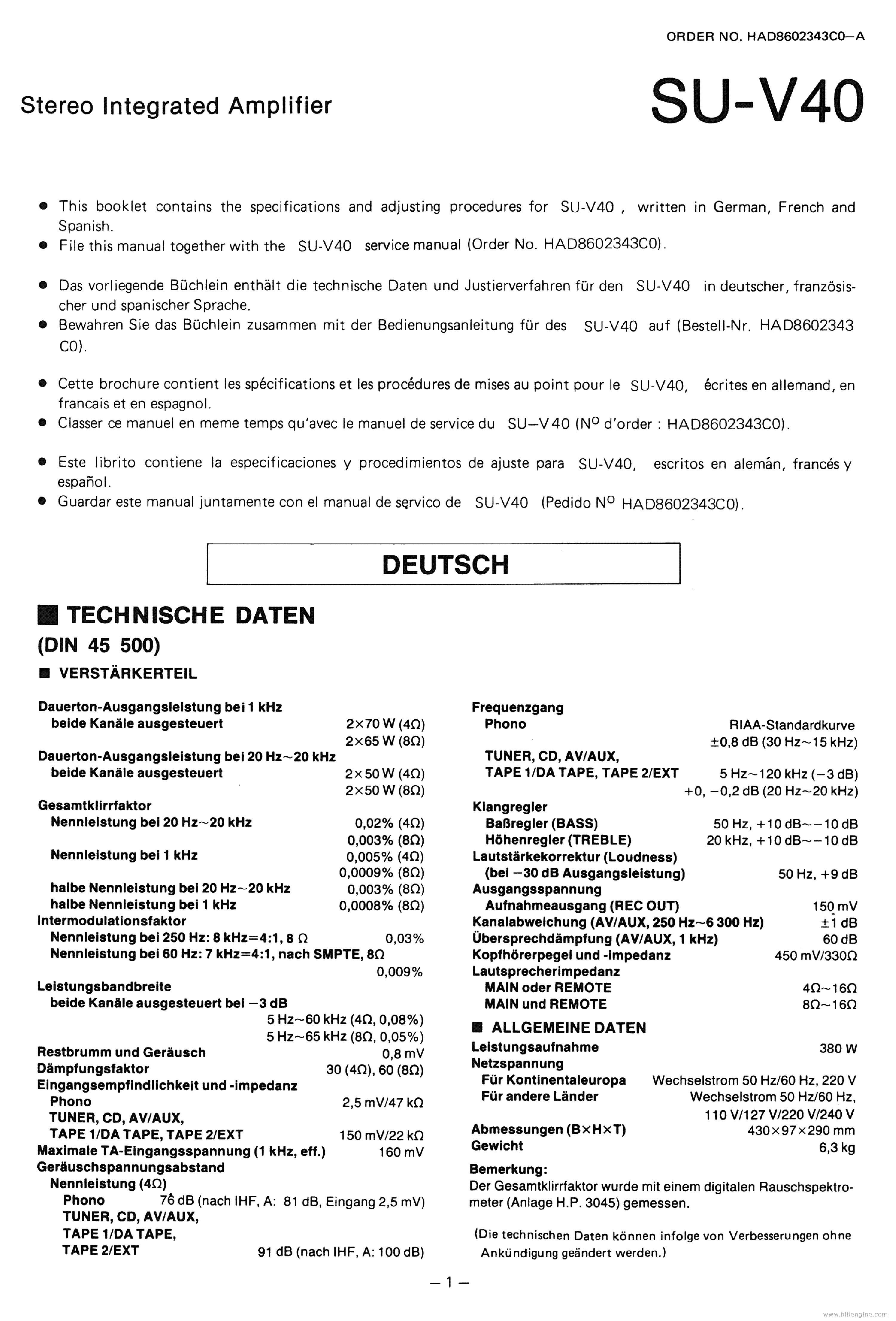 TECHNICS SU-V40 SUPPLEMENT service manual