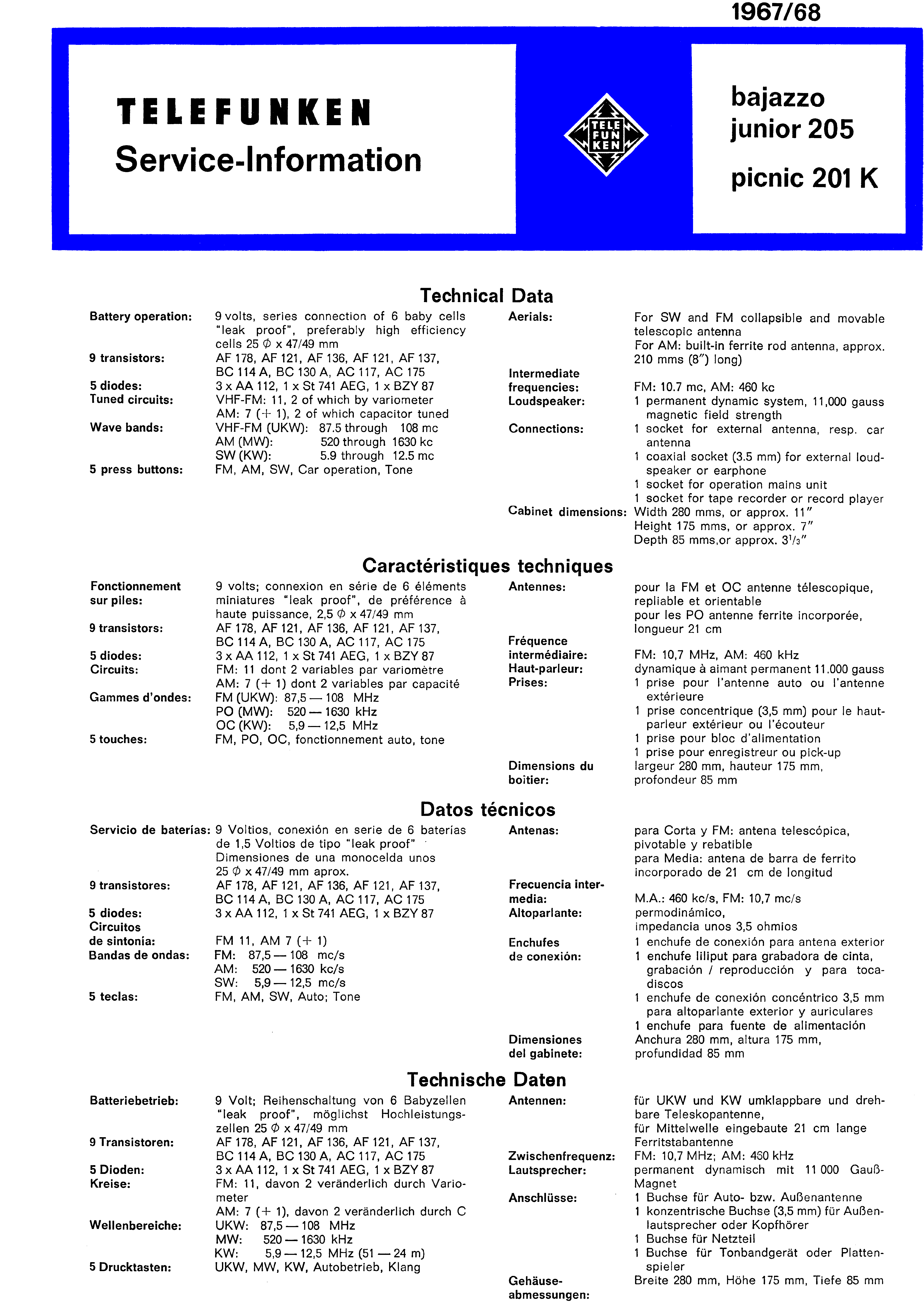 TELEFUNKEN BAJAZZO JUNIOR 205 PICNIC 201 K SM service manual