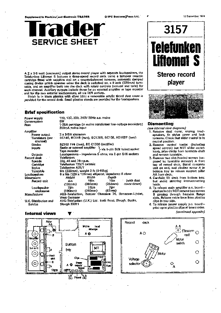 TELEFUNKEN LIFTOMAT-S TURNTABLE SM service manual