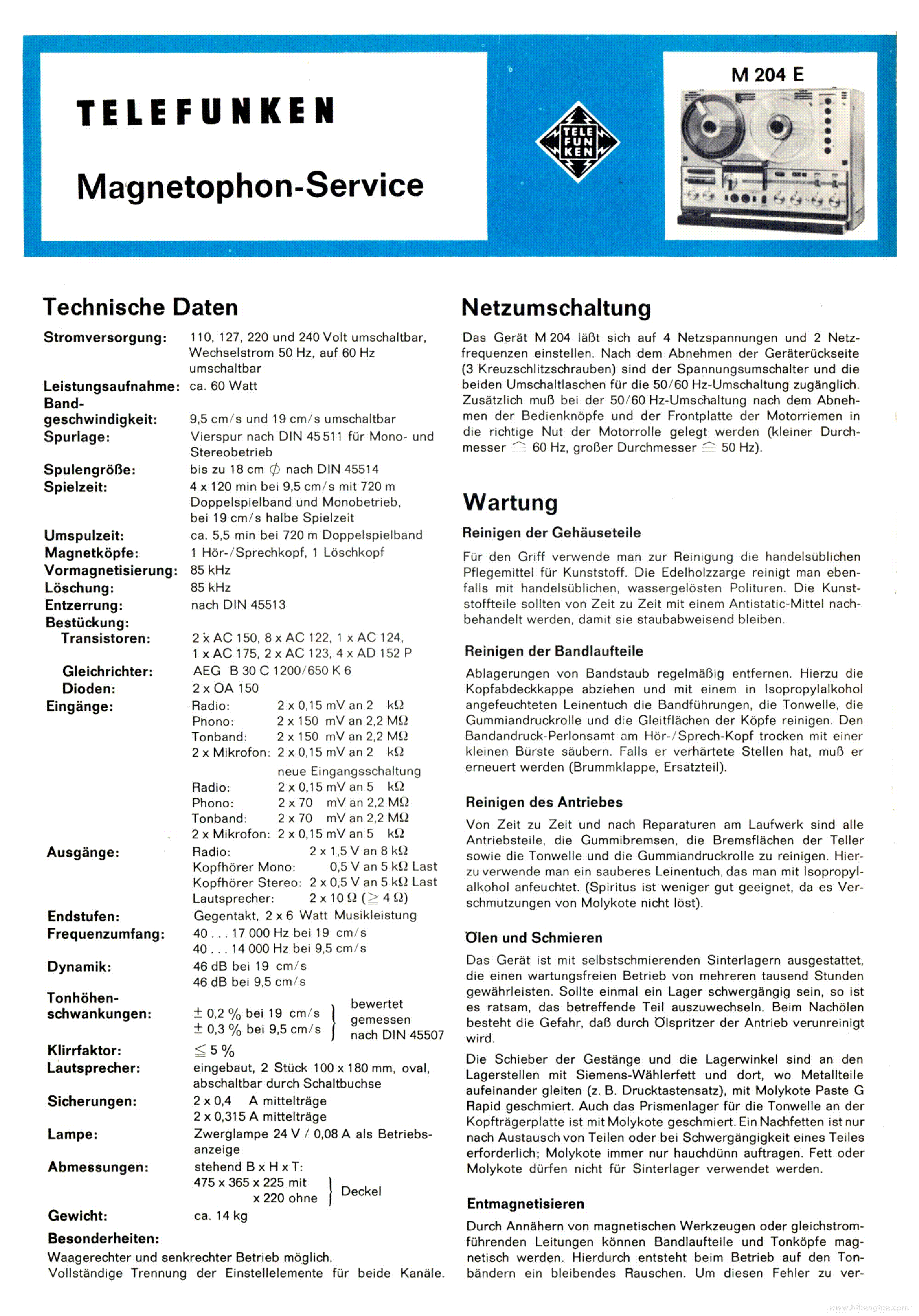 TELEFUNKEN MAGNETOPHON M204E SM DE service manual