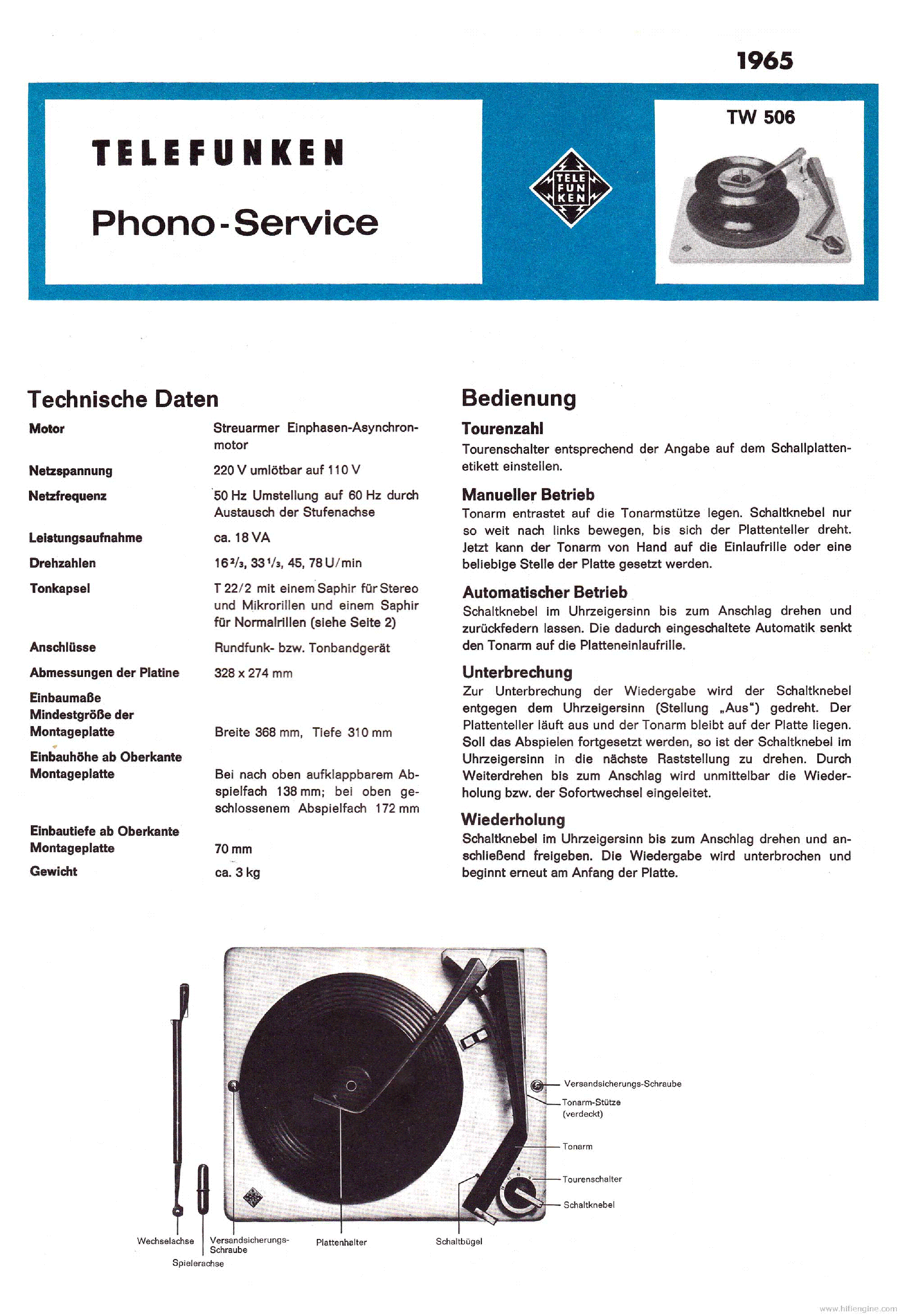 TELEFUNKEN TW506 TURNTABLE service manual