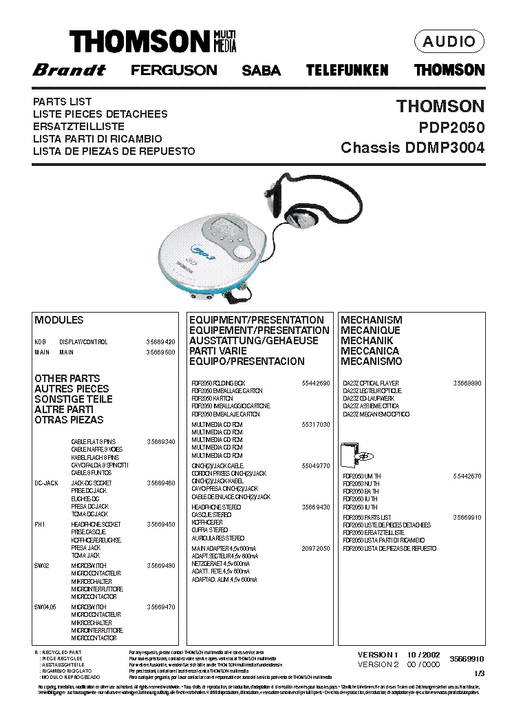 THOMSON PDP2050 PARTS service manual