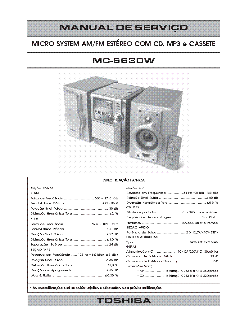 TOSHIBA MC-663-DW AM-FM STEREO CASSETTE RADIO CD MP3 PLAYER 2005 SM service manual (1st page)