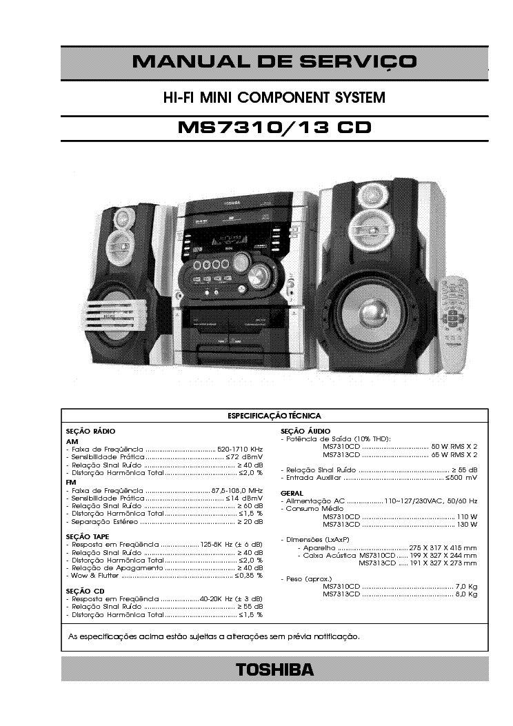 TOSHIBA MS-7310 MS-7313-CD HIFI MINI COMPONENT 2005 SM service manual (1st page)