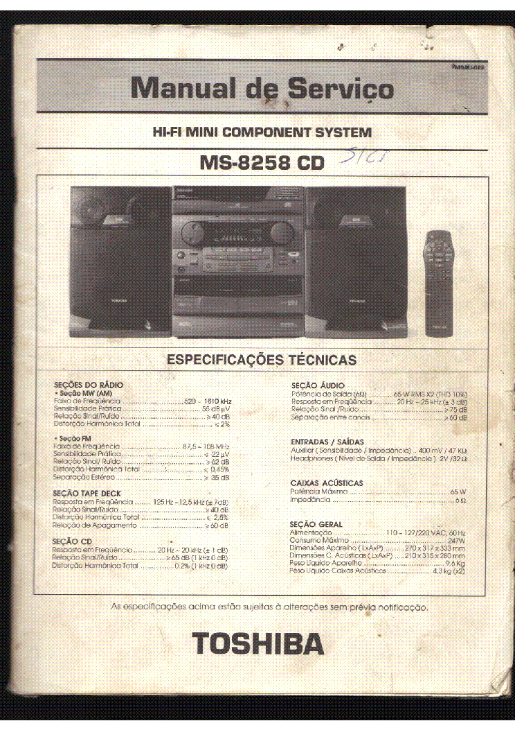 TOSHIBA MS-8258-CD HIFI MINI COMPONENT SYSTEM SM service manual (1st page)