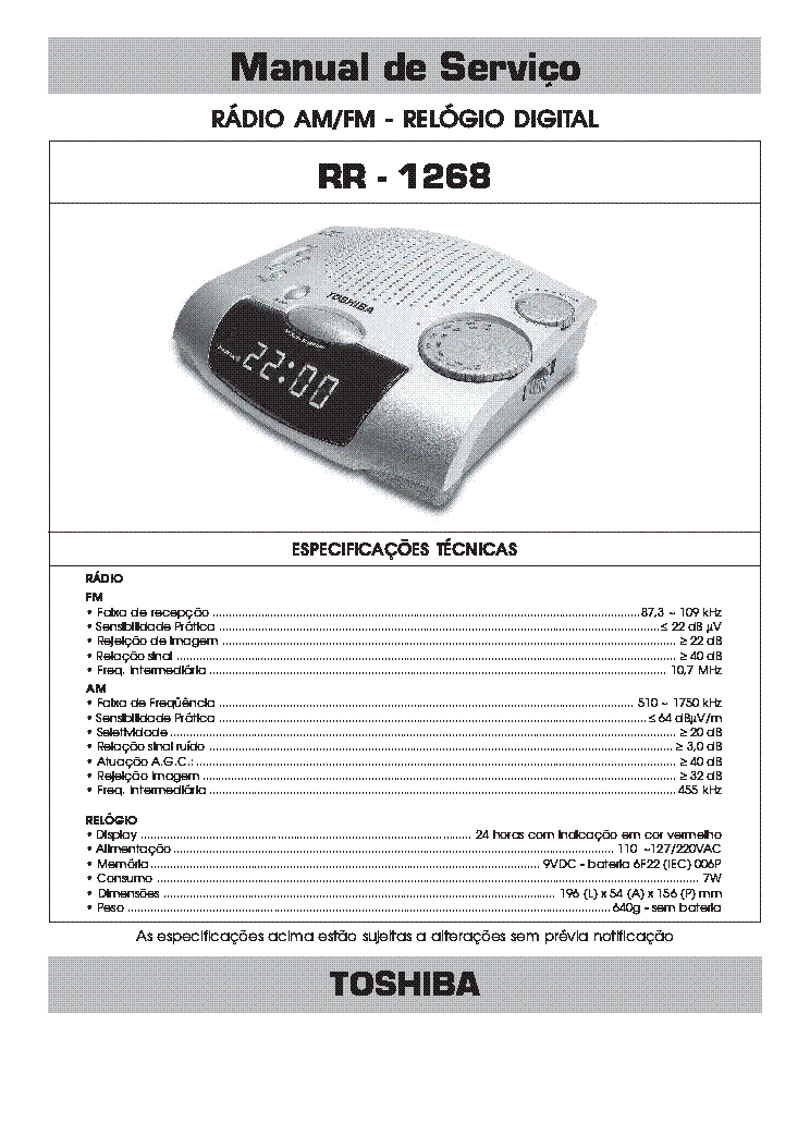 TOSHIBA RR-1268 AM-FM IGITAL CLOCK RADIO 2003 SM service manual (1st page)