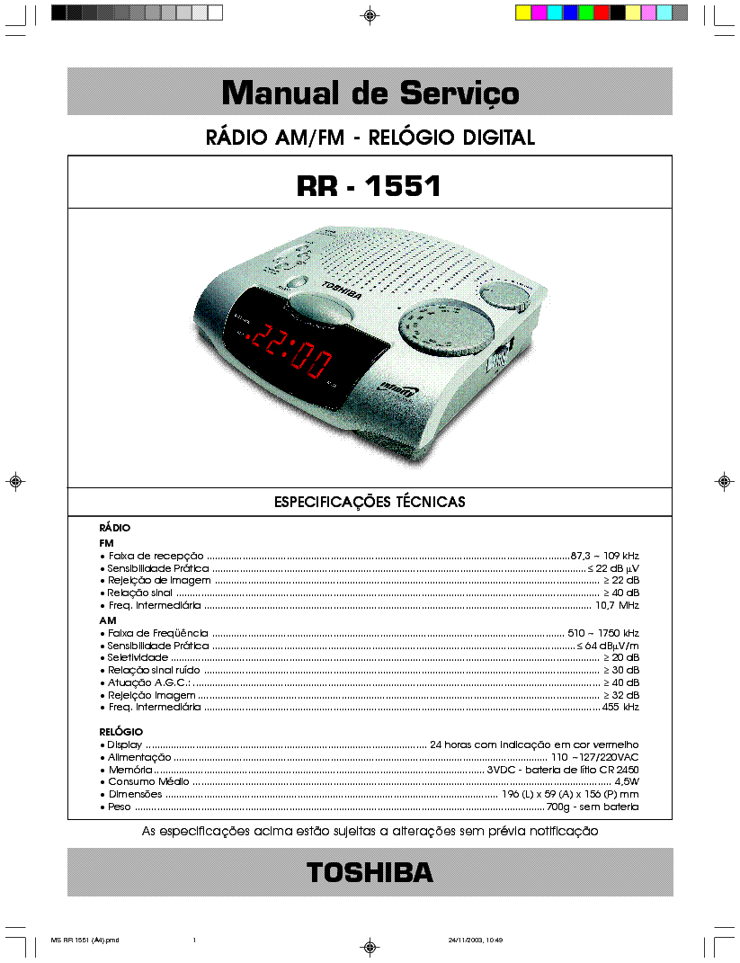 TOSHIBA RR-1551 AM-FM DIGITAL CLOCK RADIO 2003 SM service manual (1st page)