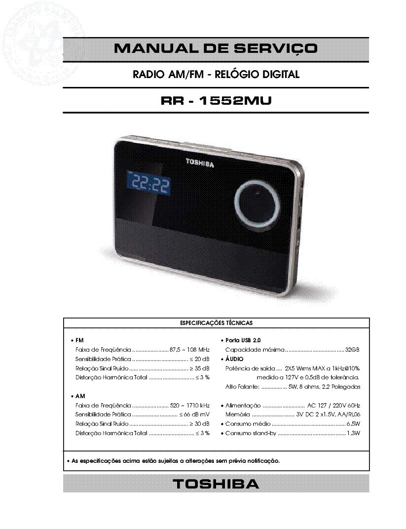 TOSHIBA RR-1552MU AM-FM CLOCK RADIO service manual (1st page)