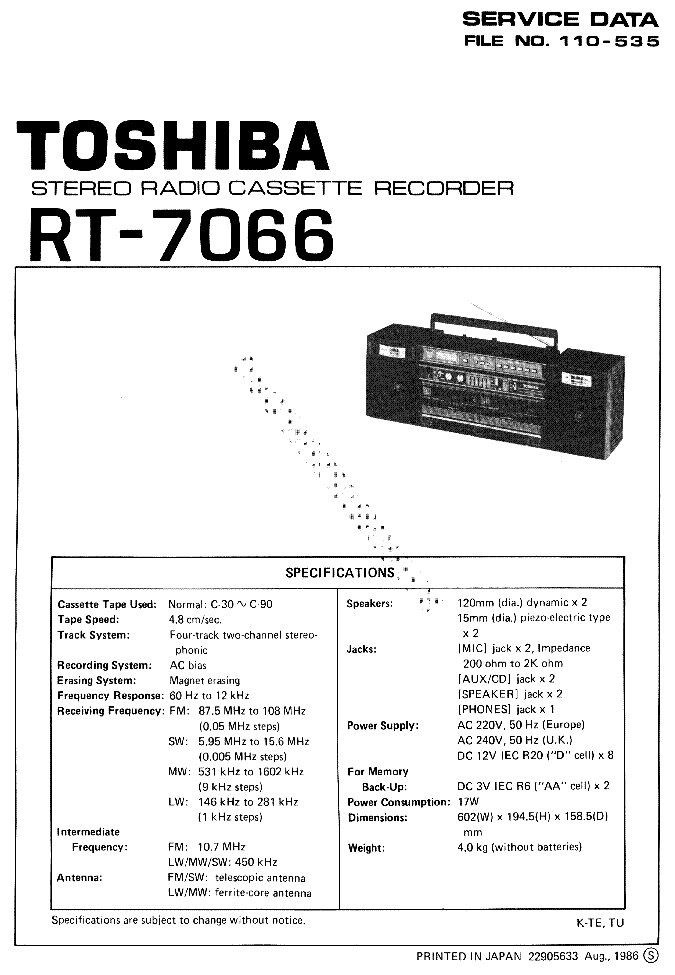 TOSHIBA RT-7066 SM service manual (1st page)
