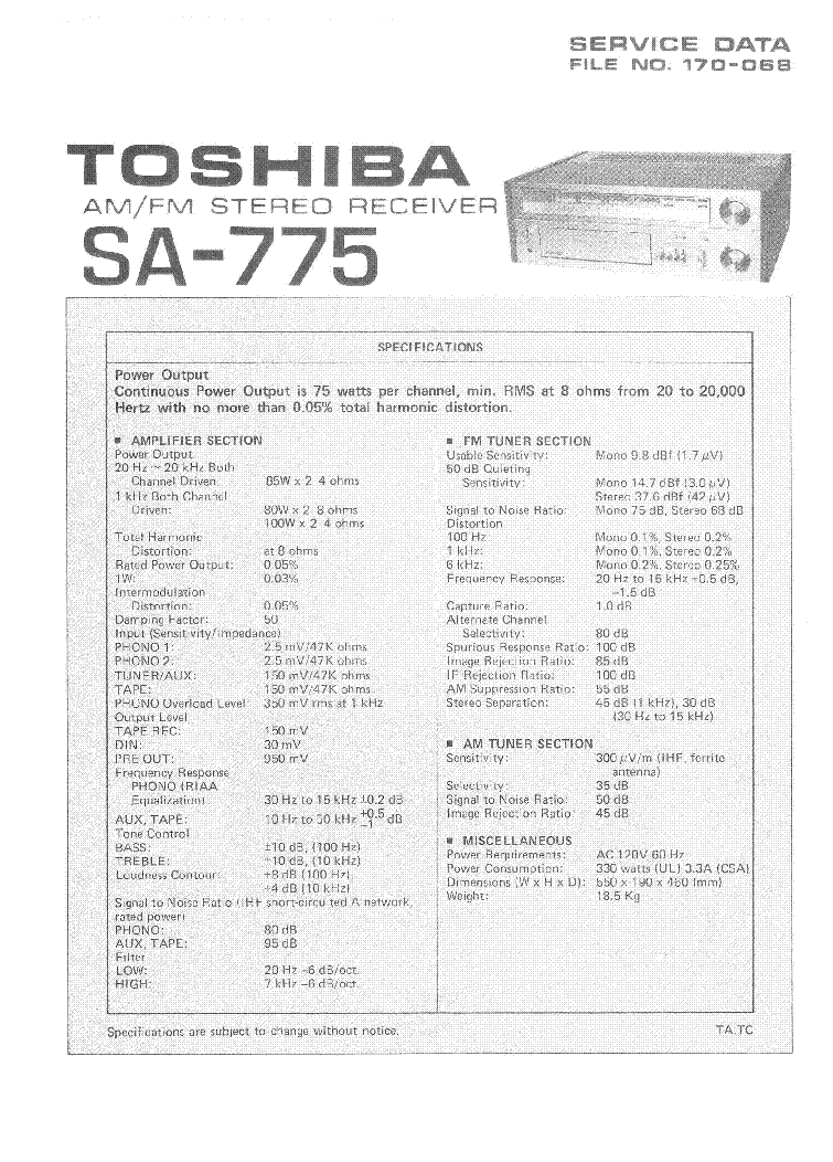 TOSHIBA SA-775 RECEIVER service manual (2nd page)
