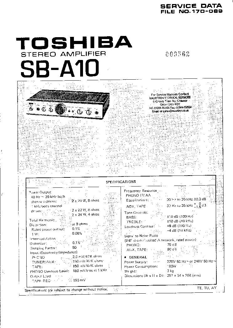 TOSHIBA SBA-10 2X20W STEREO AMPLIFIER 1979 SM service manual (1st page)