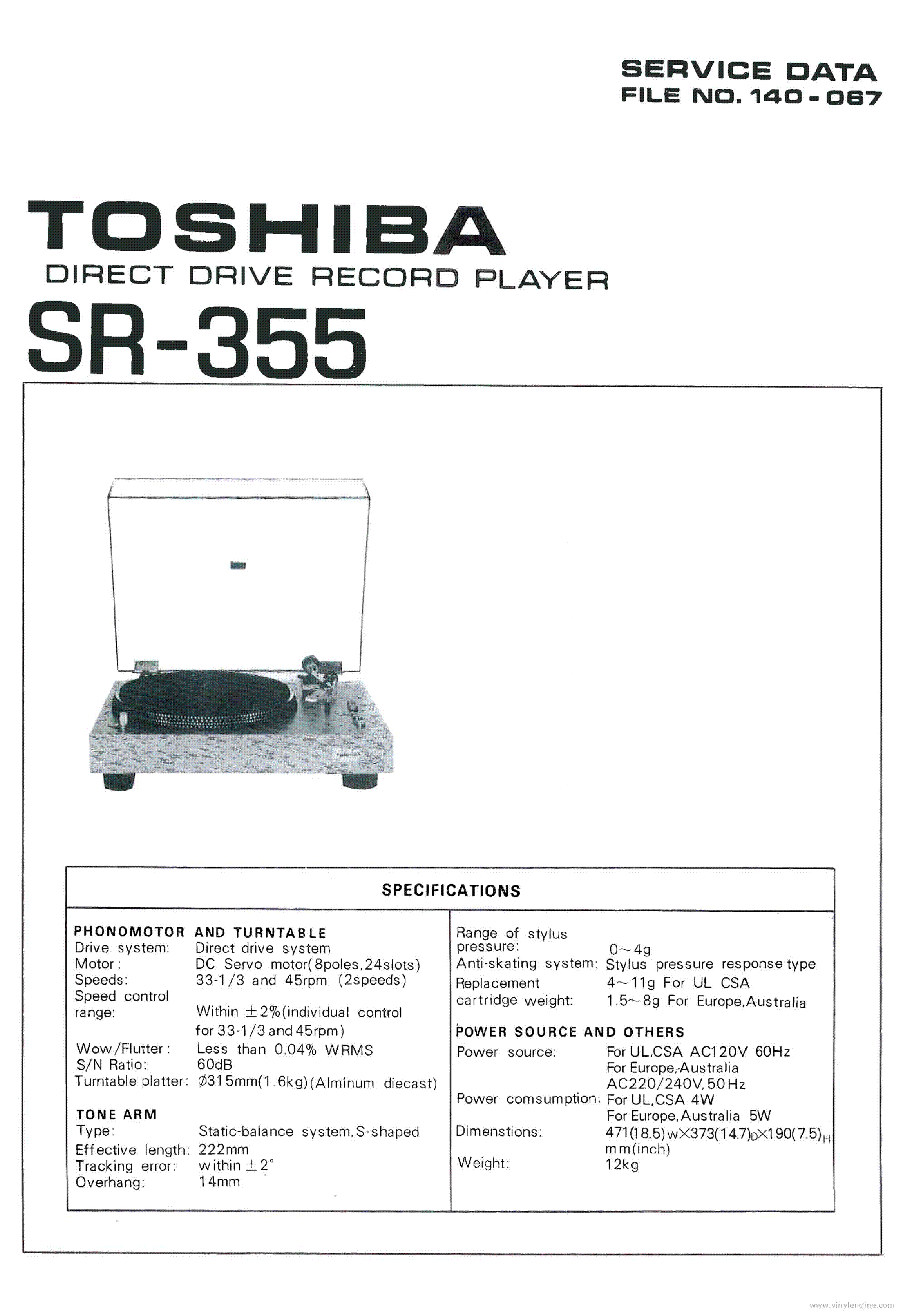 TOSHIBA SR-355 TURNTABLE service manual (1st page)