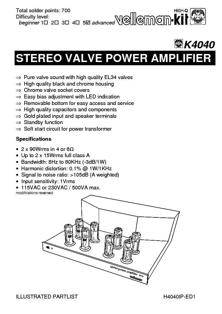 VELLEMAN VEK4040 4XEL34 2X90W AUDIO PA SM service manual