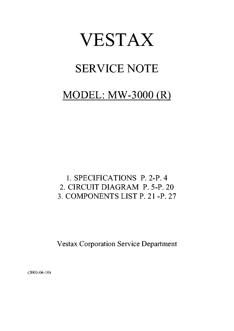 VESTAX MW-3000 SN Service Manual download, schematics, eeprom, repair