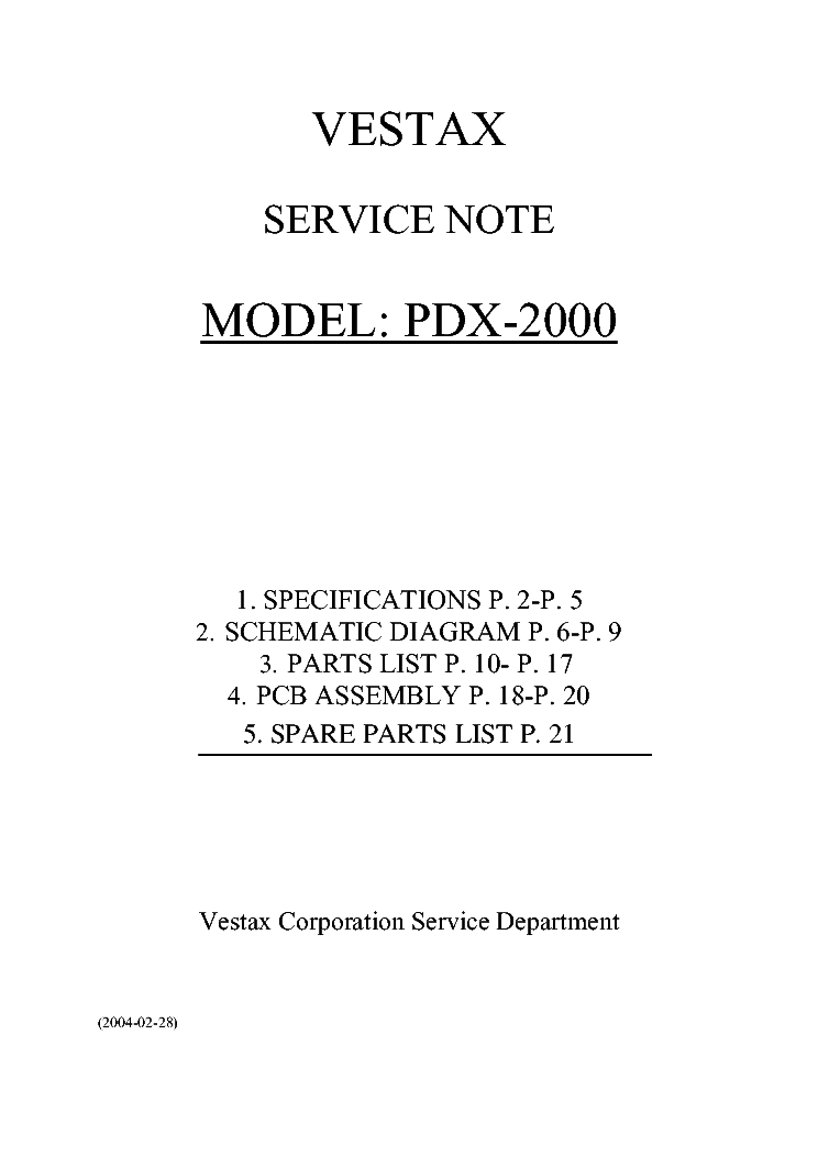 VESTAX PDX-2000 SN Service Manual download, schematics, eeprom, repair