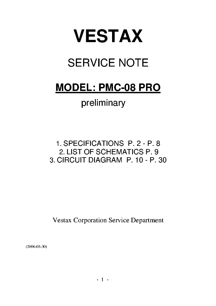 VESTAX PMC-08PRO SN Service Manual download, schematics, eeprom, repair