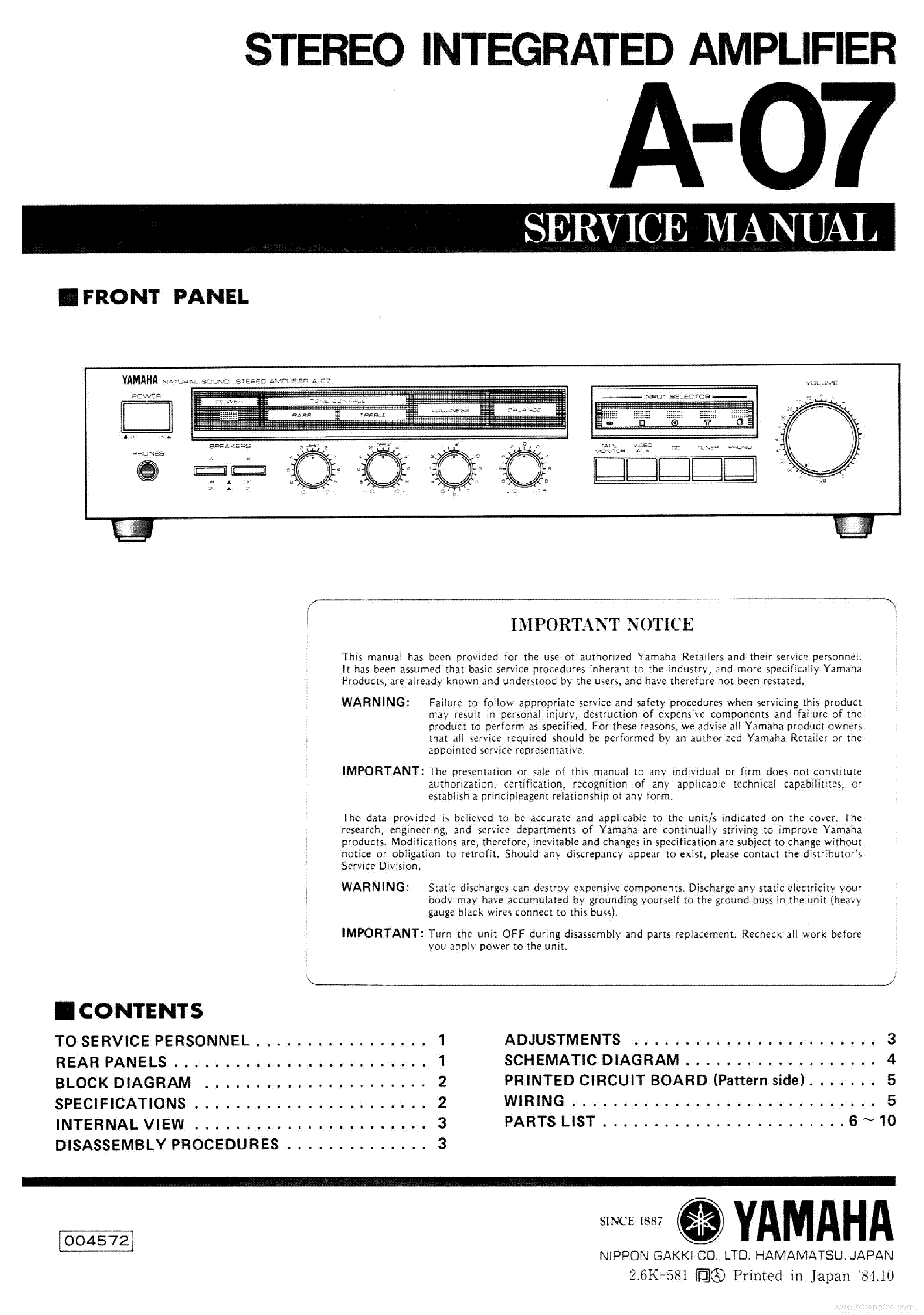 YAMAHA A-07 A07 service manual (1st page)