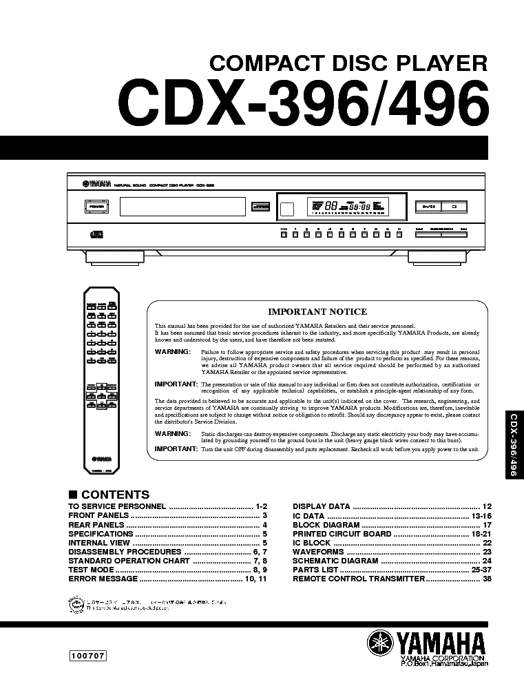YAMAHA CDX-396 496 SM service manual (1st page)