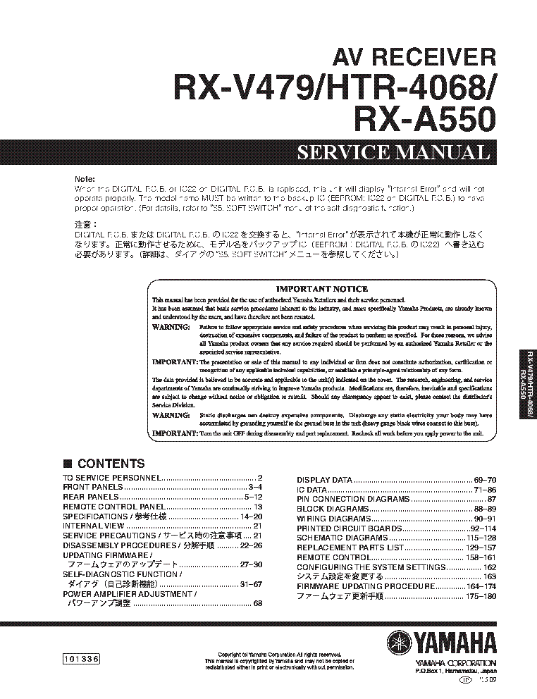 YAMAHA HTR-4068 RX-A550 RX-V479 SM Service Manual download, schematics