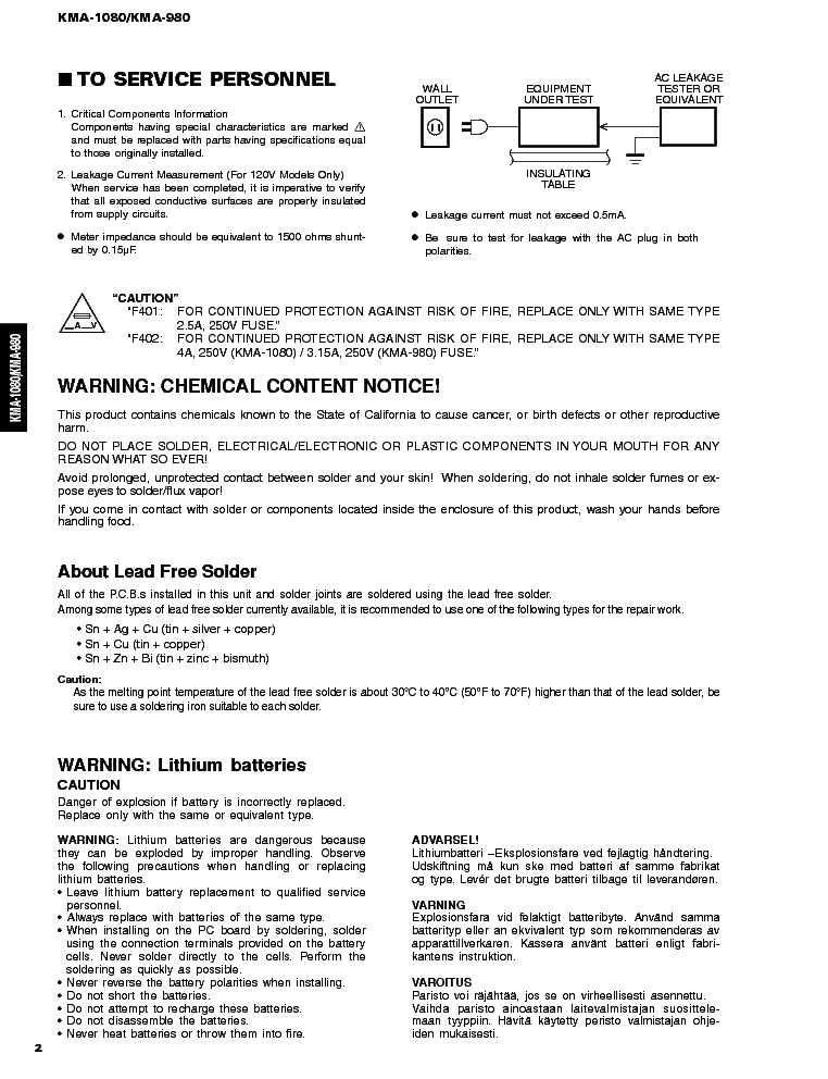 YAMAHA KMA-1080 KMA-980 SM service manual (2nd page)